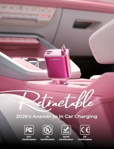 LISEN Retractable Car Charger, Pink-White - color: White-Pink, size: 31.5 Inch