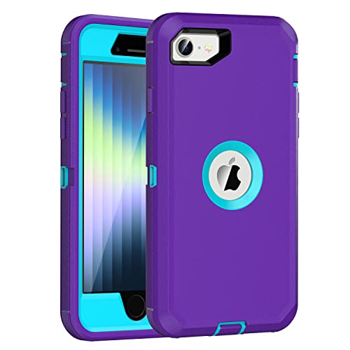 MXX Case Designed for iPhone SE Case 2020/2022 Heavy Duty Protective with Screen Protector [3 Layers] Rugged Rubber Protection Cover & Rotating 360 Degree Belt Clip SE 3rd/2nd Gen(Purple/Light Blue) - color: Purple/Light Blue