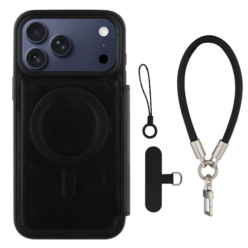 Wallet Phone Case Crafted for iPhone 17 Pro Max Black | PU Leather Phone Case Flip Cover Wrist Strap Card Holder Slots - color: Black-2, size: iPhone 17 Pro Max