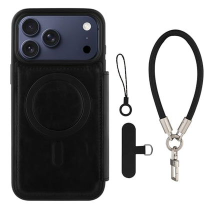 Wallet Phone Case Crafted for iPhone 17 Pro Max Black | PU Leather Phone Case Flip Cover Wrist Strap Card Holder Slots - color: Black-2, size: iPhone 17 Pro Max