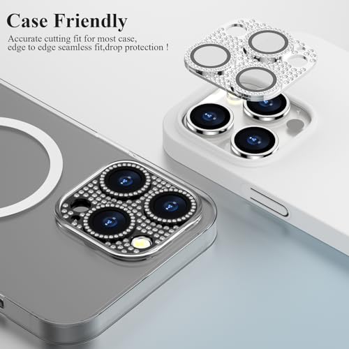 Bling Diamond Camera Lens Protector Cover Compatible for 15 Pro/15 Pro Max Full Coverage Camera Cover Screen Protector[Update] Shatter/Scratch-Resistant Ultra HD/Thin - Silver Diamond