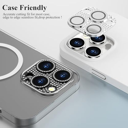 Bling Diamond Camera Lens Protector Cover Compatible for 15 Pro/15 Pro Max Full Coverage Camera Cover Screen Protector[Update] Shatter/Scratch-Resistant Ultra HD/Thin - Silver Diamond
