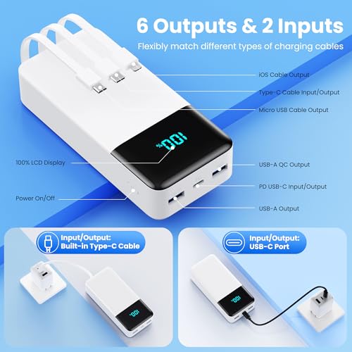 Portable Charger 50800mAh Power Bank with 3 Built in Cables,25W PD QC4.0 Fast Charging USB C Battery Pack,6 Outputs 2 Inputs Travel Essentials Phone Charger for iPhone 18/17/16/15/Pro,Android,White - color: White