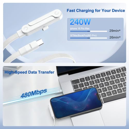 USB C to USB C Charger Cable 3Pack 5FT, 240W 2-in-1 Nylon Braided USB C Charger Cable with Built-in Phone Stand, Fast Charging Cord 90° Right Angle Compatible with iPhone iPad Samsung Galaxy, White - color: White