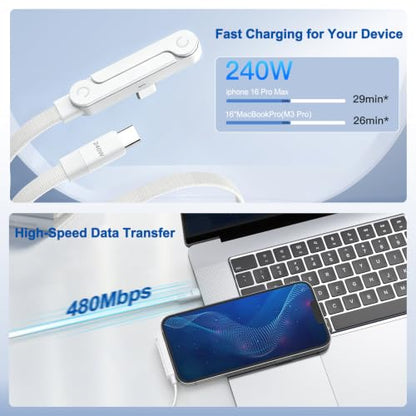 USB C to USB C Charger Cable 3Pack 5FT, 240W 2-in-1 Nylon Braided USB C Charger Cable with Built-in Phone Stand, Fast Charging Cord 90° Right Angle Compatible with iPhone iPad Samsung Galaxy, White - color: White