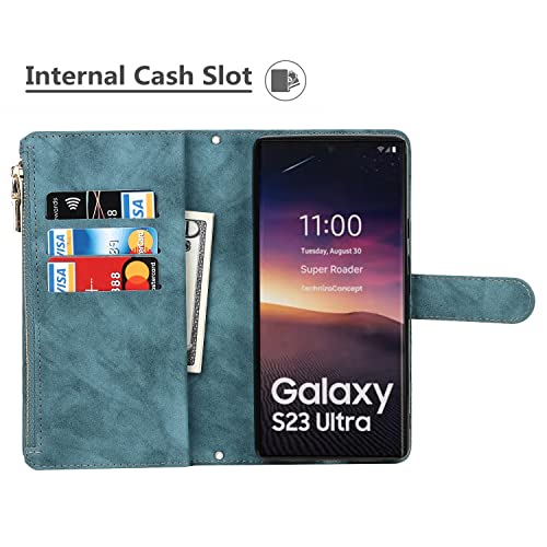 iCoverCase for Samsung Galaxy S23 Ultra Wallet Case with Card Holder, Kickstand Feature PU Leather Case with Adjustable Crossbody Lanyard Magnetic Clasp Zipper Pocket Flip Cover (Blue) - color: Blue, size: Galaxy S23 Ultra