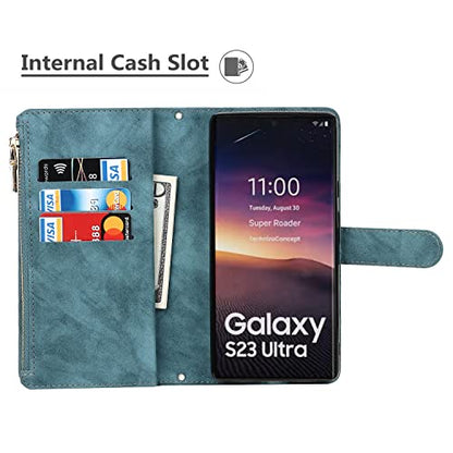 iCoverCase for Samsung Galaxy S23 Ultra Wallet Case with Card Holder, Kickstand Feature PU Leather Case with Adjustable Crossbody Lanyard Magnetic Clasp Zipper Pocket Flip Cover (Blue) - color: Blue, size: Galaxy S23 Ultra