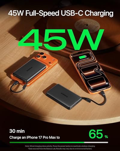 Baseus Picogo AM52 MagSafe Power Bank, Qi2.2 25W 10,000mAh Magnetic Portable Charger, 0.6" Slim Built-in 45W USB-C Cable, Alloy Fast Charging Wireless Battery Pack for iPhone 17/16/15/14/13/12 Only - color: Deep Black