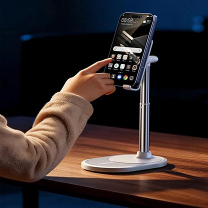 Phone Stand for Desk, Height Adjustable Desktop Phone Holder, 270°Angle Adjustable Tablet Stand with Weighted Base and Aluminum Alloy Support Rod for Phone and Tablet 4"-11" - color: White