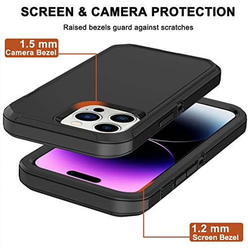 for iPhone 14 Pro Case with Screen Protector x2, Belt Clip Holster Heavy Duty Military Grade Full Body Shockproof Dust-Proof Rugged Protective Cover for Apple iPhone 14 Pro (Black) - color: Black