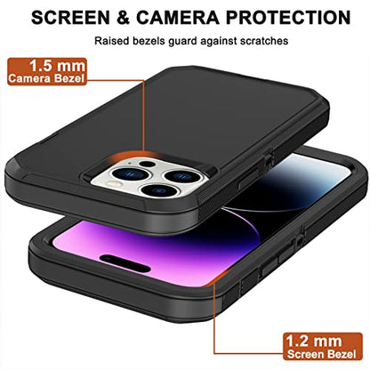 for iPhone 14 Pro Case with Screen Protector x2, Belt Clip Holster Heavy Duty Military Grade Full Body Shockproof Dust-Proof Rugged Protective Cover for Apple iPhone 14 Pro (Black) - color: Black