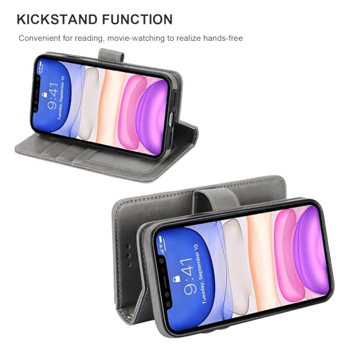 Bocasal Detachable Wallet Case Card Holder for iPhone 11, Grey | Kickstand Card Slots Holder PU Leather Magnetic Shockproof Wrist Strap Removable Flip Protective Cover 6.1 inch - color: Gray