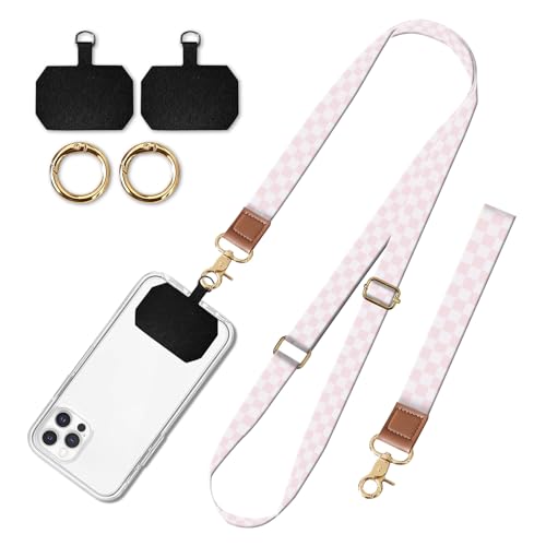 Cell Phone Lanyard Adjustable Crossbody Strap, Cute Phone Neck Wristlet Wrist Strap Patch for Keys Case Accessories - color: Cute Pink Checkers