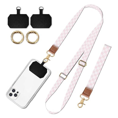 Cell Phone Lanyard Adjustable Crossbody Strap, Cute Phone Neck Wristlet Wrist Strap Patch for Keys Case Accessories - color: Cute Pink Checkers