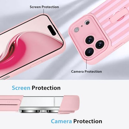 KANGHAR Compatible with iPhone 17 Pro Case 2025 Stripes -Pink | Silicone Cute Pattern, Wristband Kickstand Camera Protection Soft Slim Cover for Girls Women - color: Pink-Stripes, size: iPhone 17 Pro