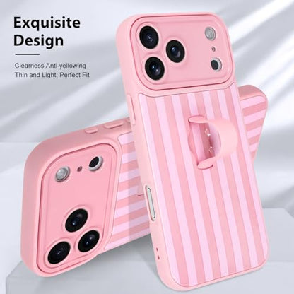 KANGHAR Compatible with iPhone 17 Pro Max Case 2025 Stripes -Pink | Silicone Cute Pattern, Wristband Kickstand Camera Protection Soft Slim Cover for Girls Women - color: Pink-Stripes, size: iPhone 17 Pro Max