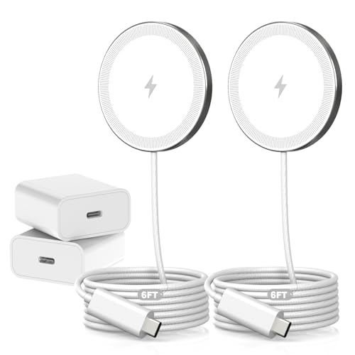 6FT Magnetic Wireless Charger Charging Pad - 15W Fast Mag-Safe Phone Charger for Apple iPhone 17 16 15 14 13 12 Series & AirPods 4 3 2 Pro, Phone Charging Pad with Plug for Desk & Travel, 2Pack White