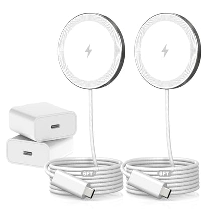 6FT Magnetic Wireless Charger Charging Pad - 15W Fast Mag-Safe Phone Charger for Apple iPhone 17 16 15 14 13 12 Series & AirPods 4 3 2 Pro, Phone Charging Pad with Plug for Desk & Travel, 2Pack White