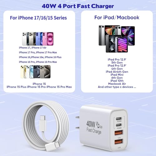 10FT iPhone 17 16 15 Pro Charger,2Pack 10Foot USB C to C Woven Cable Cord 40W USB C Apple Charger 4 Port PD&AC Charge Block Fast Charging for iPhone 17 Air/17 16 15 Pro Max/16e/16 Plus/15/15 Pro/iPad - size: 10FT