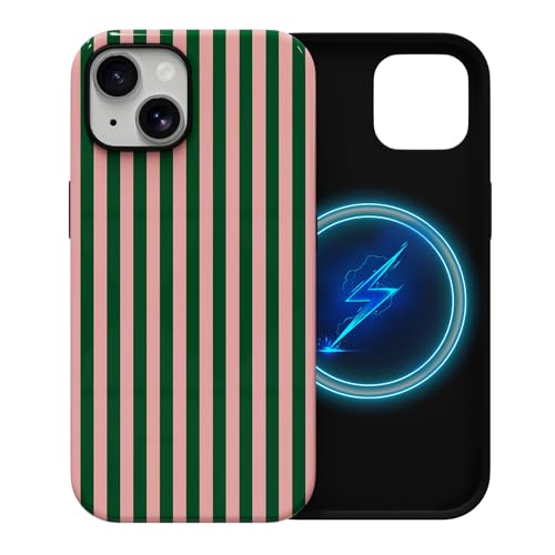 Skyseaco Compatible with iPhone 15 Case with MagSafe, Cute Striped Phone Case for Women Girls, Soft TPU + Hard PC Dual Layer Shockproof Glossy Protective Cover, Pink and Green - color: Pink and Green, size: iPhone 15