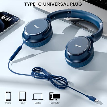 USB C Wired Over-Ear Headphones with Microphone - color: Blue