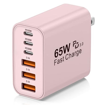 65W USB C Charger Block,6-Port Multi Device Fast Charger PD QC Wall Adapter - color: Pink, size: 65w