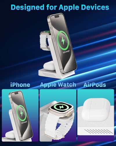 3-in-1 Fast Wireless Charging Station Multiple Devices, MagFree Transform 15W Magnetic Travel Charger Stand for iPhone 16/15/14/13/12, 5W Apple Watch Fast Charger, AirPods - 30W USB-C Charger Included