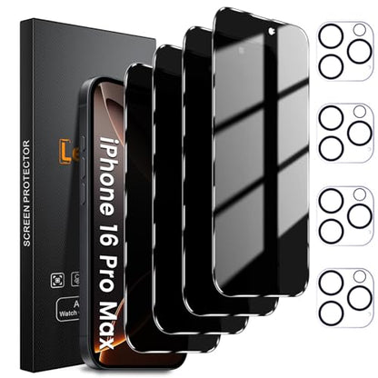 Lesakit 4+4 Pack Privacy Screen Protector for iPhone 16 Pro Max 6.9-Inch with 4 Pack Camera Lens Protector, Anti Spy Tempered Glass Film 9H Hardness Case Friendly - size: iPhone 16 Pro Max