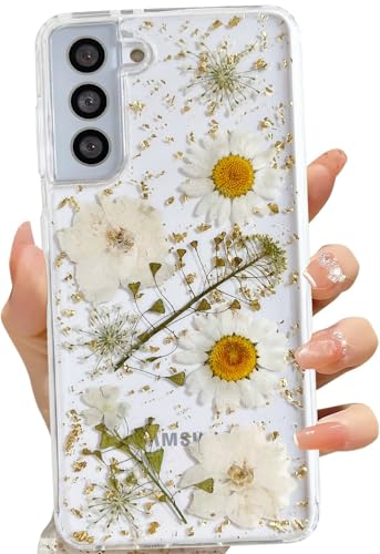 LSEEKA for Samsung Galaxy S21 Clear Case with Pressed Real Dried White Flower Design,Transparent Glitter Cute Floral Slim Soft TPU Protective Phone Cover for Samsung Galaxy S21 - color: White Gold, size: for Samsung Galaxy S21