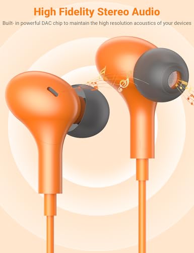 USB C Earbuds with Microphone Cute in Ear Wired Headphone - color: Orange Grey