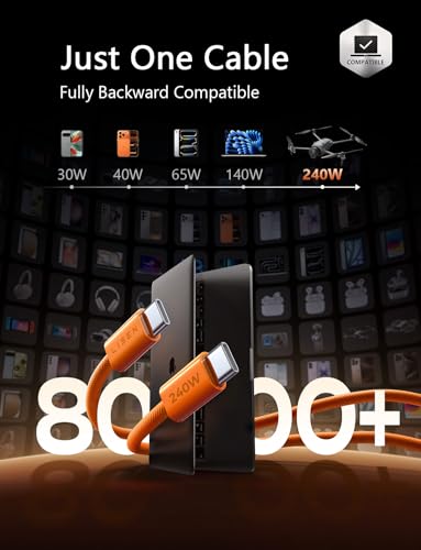 LISEN USB C to USB C Cable, 240W Fast Charging Cable (10FT+10FT) - color: Orange, size: 10FT+10FT