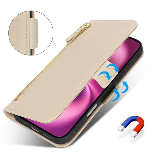 Ｈａｖａｙａ for iPhone 16 case Wallet with Card Holder Zipper for Women Men PU Leather Flip Folio Credit Card Slots Stand Shockproof Phone Cover(6.1")-Beige - color: Beige-A