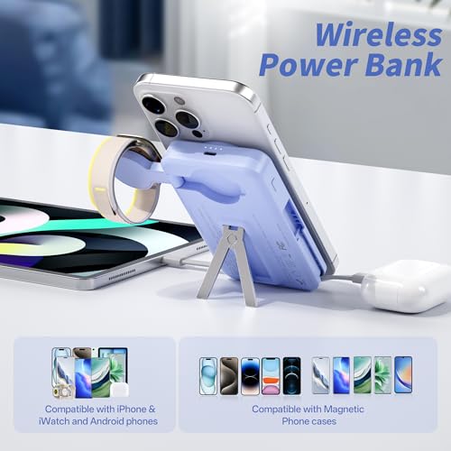 Magnetic Portable Charger Built-in Cables,10000mAh Fast Charging Wireless Charger Station External Battery Pack Slim Pocket Size Power Bank with Stand Compatible with iWatch, iPhone - color: Dark Blue