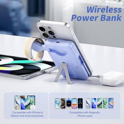 Magnetic Portable Charger Built-in Cables,10000mAh Fast Charging Wireless Charger Station External Battery Pack Slim Pocket Size Power Bank with Stand Compatible with iWatch, iPhone - color: Dark Blue