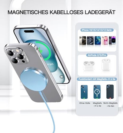 OANDYS Magnetic Wireless Charger 15W Fast Mag Safe Charger for 16/15/14/13/12 Series 2 Pack 5ft Cable Wireless Charging Pad for AirPods 3/2/Pro 2/Pro Mag-Safe Original Replacement - color: Blue