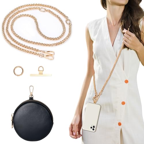 Clip and Go Phone Strap Crossbody with RFID Leather Wallet, Trendy Hands-Free Crossbody Cell Phone Lanyard Chain with Coin Purse for Women, Neck Chain for iPhone and Smartphone, Gold - color: Gold