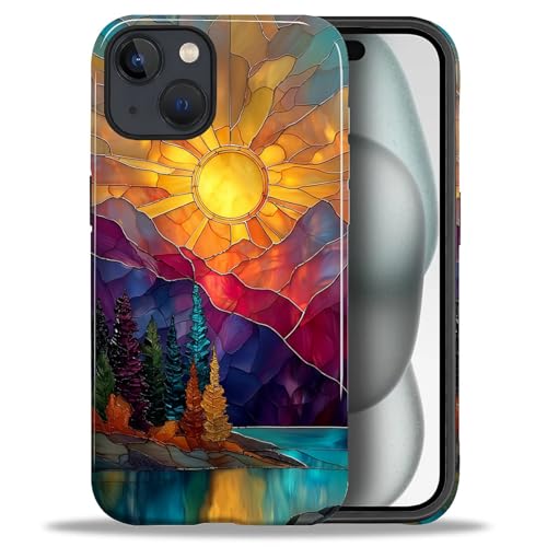 DAIZAG Case for iPhone 15,Mountain Range Sunrise Stained Glass Full-Body Design Hybrid Dual Protection Soft TPU Hard PC Shockproof Scratch-Resistant Protective Cover Phone Case for Men Women - color: Mountain Range Sunrise Stained Glass, size: iPhone 15