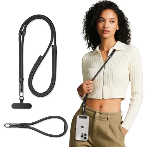3-IN-1 Phone Lanyard+Wrist Strap Kit, Adjustable Phone Strap Crossbody for iPhone and Most Smartphones - color: Black