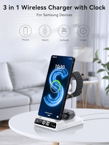 Wireless Charger for Samsung S25 with Clock 3 in 1 Android Charging Station - color: White