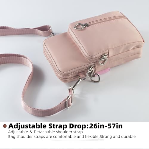 Small Crossbody Bag for Women, Multi Zip Pockets Nylon Wallet Purse Credit Card Holder with Detachable Hand Strap - color: Pink