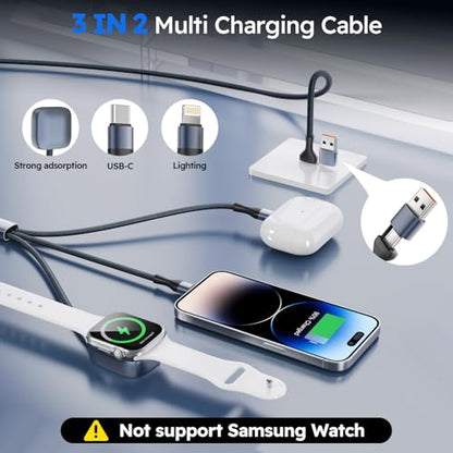 Travel Essentials 3in2 Multi Charging Cable for iPhone Watch Charger,2PC6FT - color: Dark Black, size: AC to C+L+iWatch