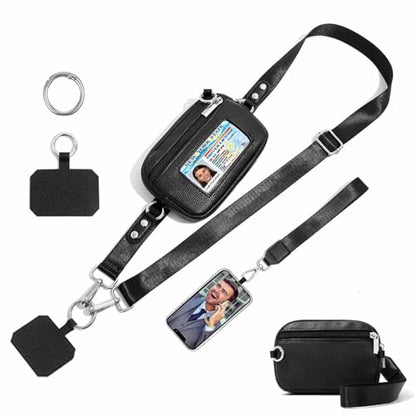 Phone Lanyard with Wallet, Adjustable Crossbody Phone Strap with Detachable RFID Wristlet, Phone Neck Lanyard & Wrist Strap, Hands Free Cell Phone Lanyard for Travel - color: Black