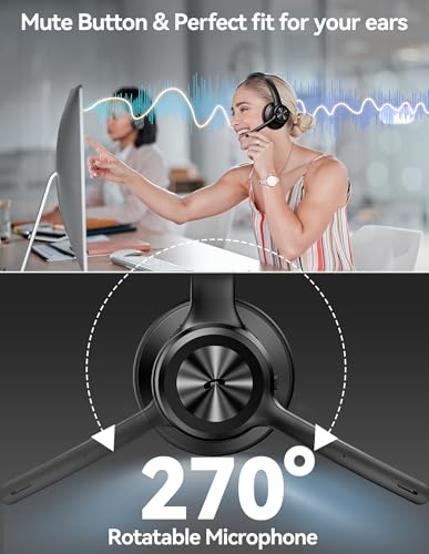 TECKNET Wireless Headset, Bluetooth Headset with Noise Cancelling Microphone - Rechargeable Bluetooth V5.2 Headphones, 50H Playtime & Mic Mute, On Ear Headphones for Trucker/Remote Work/Call Center