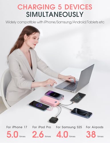 citicr Portable Charger 20000mAh PD20W w/Built-in Cables & Wall Plug Pink - color: Magenta