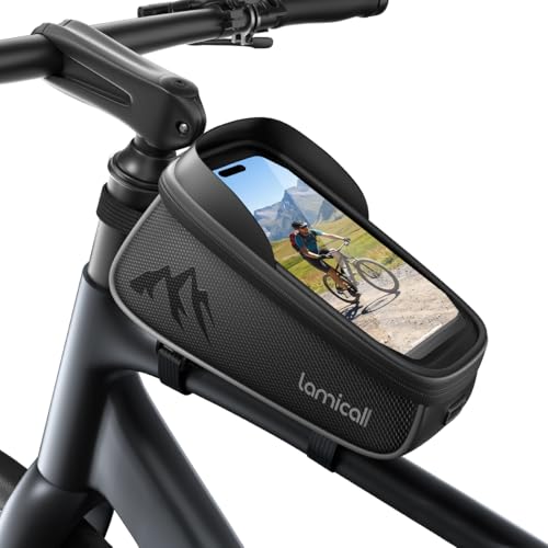 Lamicall Bike Frame Bag Waterproof - [1.6L Large Capacity] Bike Phone Bag | Bike Phone Holder Mount, Bicycle Front Bag, Cycling Pouch with Rain Cover, Bike Accessories for Phones Under 7"
