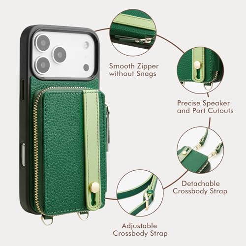 LAMEEKU for iPhone 17 Pro Wallet Case Crossbody, Card Holder Phone Grip Stand Cover Wrist Strap 6.3 inch Dark Green - color: Green, size: iPhone 17 Pro 6.3''