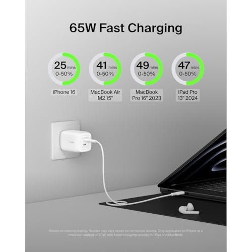 Belkin 65W Dual GaN USB C Charger Block, Fast Charging for Travel - style: 65W White