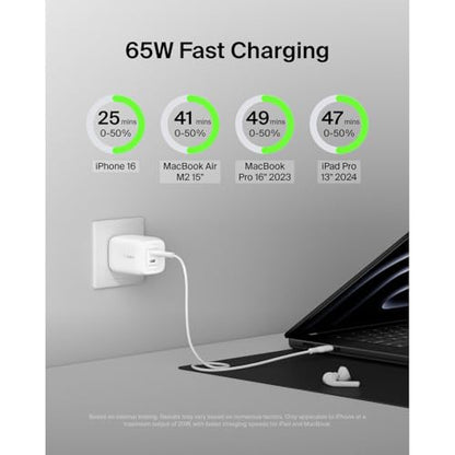 Belkin 65W Dual GaN USB C Charger Block, Fast Charging for Travel - style: 65W White