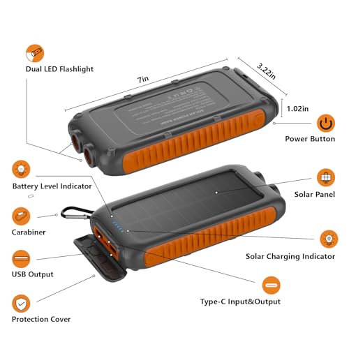 Solar Charger Power Bank 49800mAh, Portable Solar Phone Charger with 2 USB-A & USB-C Ports, 15W Fast Charging for iPhone, Samsung and More, Dual Flashlightfor Camping, Travel & Emergency Backup