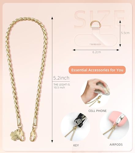 ROCONTRIP Metal Phone Lanyard with Gold Chain Detachable Phone Chain Wristlet with 2 Tether Tabs Universal iPhone Wrist Strap Premium Metal Buckles,Non-Rust,Unbreak iPhone Wristlet For Travel Shopping - color: Bright Gold